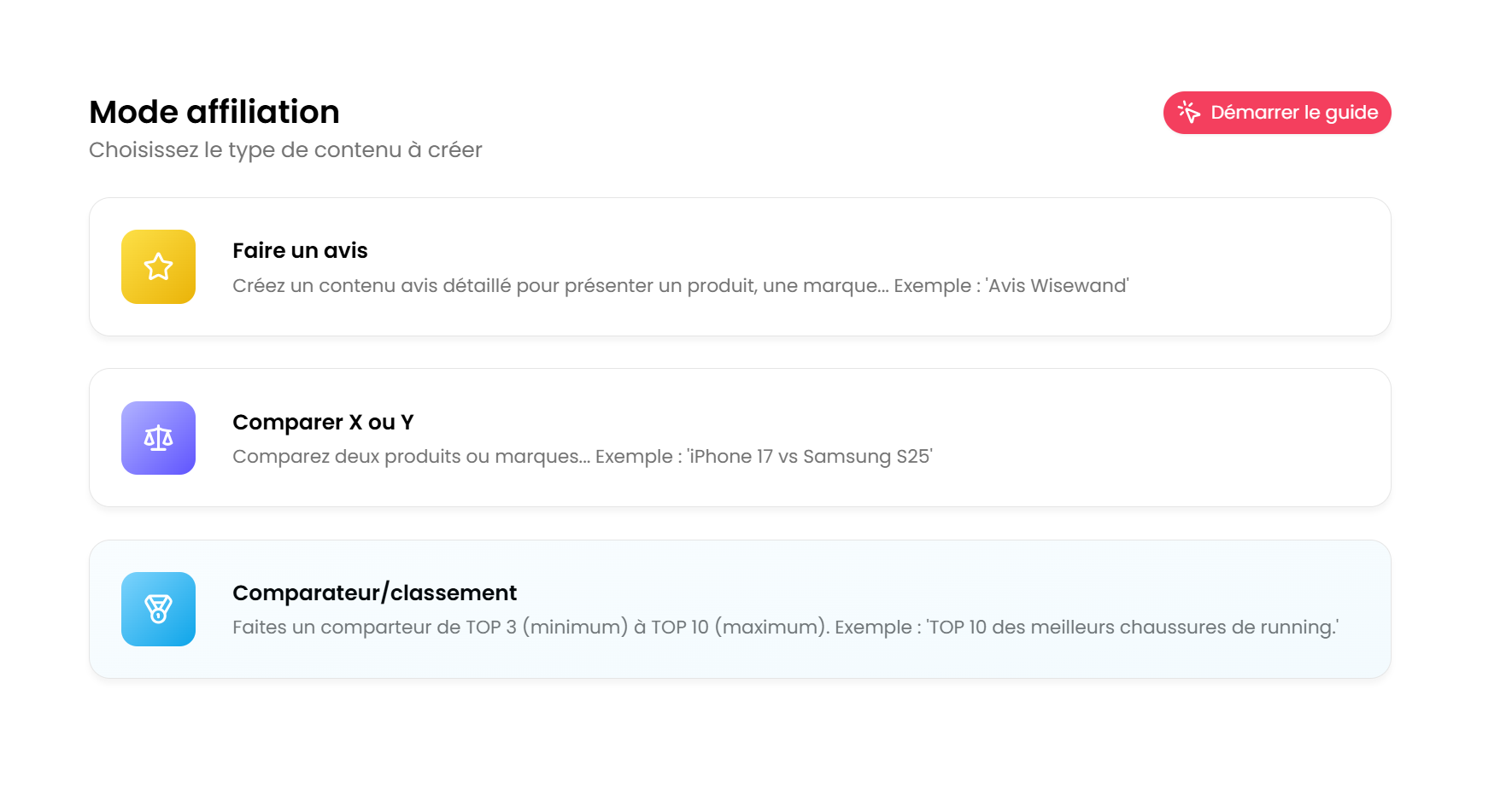 Mode affiliation Wisewand : Faire un avis, Comparer X ou Y, Comparateur classement